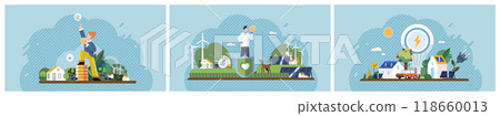 Green technology concept. People interacting with renewable energy sources, wind turbines, solar panels, eco-friendly houses, and green investments. Ideal for sustainability, energy efficiency Green technology concept. People interacting with renewable energy sources, wind turbines, solar panels, eco-friendly houses, and green investments. Ideal for sustainability, energy efficiency 118660013