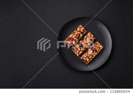 Delicious sweet nutrition bars with nuts, dried berries gluten free 118660034