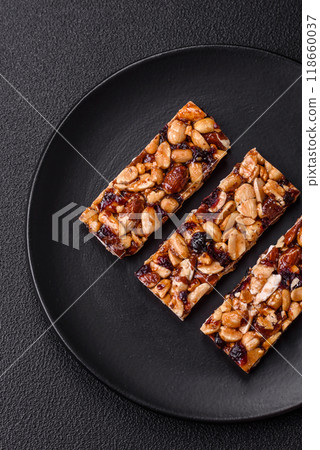Delicious sweet nutrition bars with nuts, dried berries gluten free Delicious sweet nutrition bars with nuts, dried berries gluten free 118660037