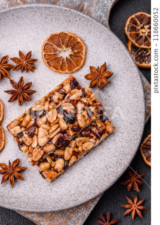 Delicious sweet nutrition bars with nuts, dried berries gluten free 118660052
