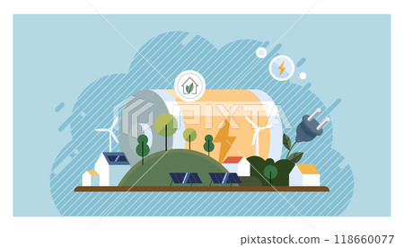 Green technology concept. Large building, wind turbines, solar panels, trees, and houses symbolize renewable energy sources and sustainability. Ideal for renewable energy, eco-friendly living, clean Green technology concept. Large building, wind turbines, solar panels, trees, and houses symbolize renewable energy sources and sustainability. Ideal for renewable energy, eco-friendly living, clean 118660077