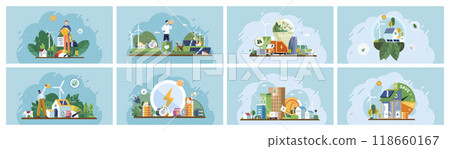 Green technology concept. Various scenes highlighting sustainable living, renewable energy, and eco-friendly innovations. Ideal for renewable energy promotion, sustainable urban development, green 118660167