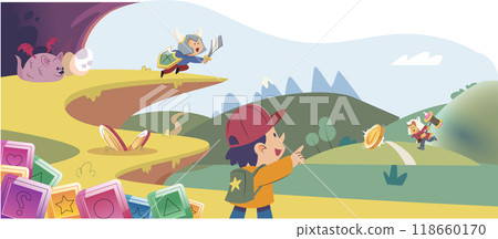 Play to earn games created on basis of blockchain project with elements of NFT, main purpose of earning. Player earn money by playing. Virtual character development business. Cryptocurrency game. 118660170