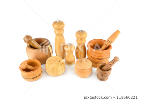 Set of wooden kitchen utensils isolated on white background. Set of wooden kitchen utensils isolated on white background. 118660221