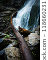 old wood leans against a rock below a waterfall 118660231