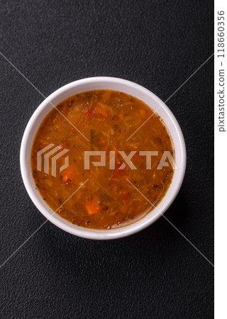 Delicious hot tomato soup with vegetables, vegan, vegetarian food 118660356