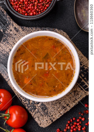 Delicious hot tomato soup with vegetables, vegan, vegetarian food 118660360