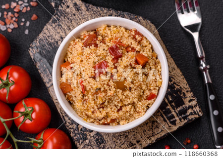 Delicious hot boiled wheat porridge couscous with vegetables Delicious hot boiled wheat porridge couscous with vegetables 118660368