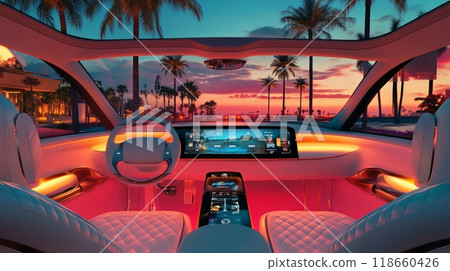 A luxurious futuristic driverless car interior in a serene evening settings 118660426