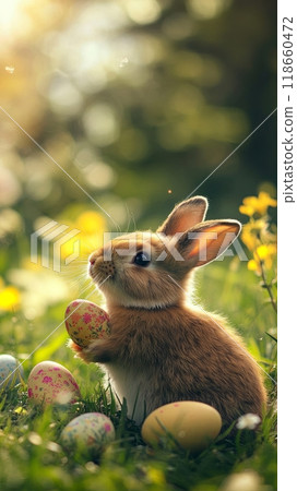 A cute bunny surrounded by colorful Easter eggs in a lush, green meadow 118660472