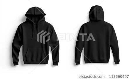 a plain black hoodie displayed from the front and back views against a white background a plain black hoodie displayed from the front and back views against a white background 118660497