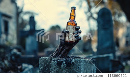 A decayed hand emerging from a grave holds a beer bottle in an eerie cemetery setting 118660521