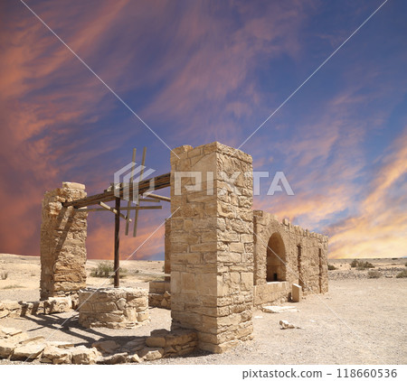 Quseir (Qasr) Amra desert castle (against the sky with clouds) near Amman, Jordan. World heritage with famous fresco's. Built in 8th century, of early Islamic art and architecture Quseir (Qasr) Amra desert castle (against the sky with clouds) near Amman, Jordan. World heritage with famous fresco's. Built in 8th century, of early Islamic art and architecture 118660536
