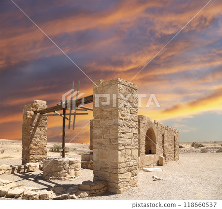 Quseir (Qasr) Amra desert castle (against the sky with clouds) near Amman, Jordan. World heritage with famous fresco's. Built in 8th century,  of early Islamic art and architecture 118660537