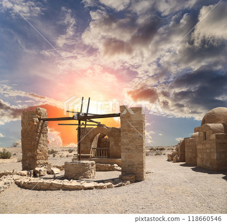 Quseir (Qasr) Amra desert castle (against the sky with clouds) near Amman, Jordan. World heritage with famous fresco's. Built in 8th century, of early Islamic art and architecture Quseir (Qasr) Amra desert castle (against the sky with clouds) near Amman, Jordan. World heritage with famous fresco's. Built in 8th century, of early Islamic art and architecture 118660546