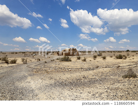 Quseir (Qasr) Amra desert castle (against the sky with clouds) near Amman, Jordan. World heritage with famous fresco's. Built in 8th century,  of early Islamic art and architecture 118660594