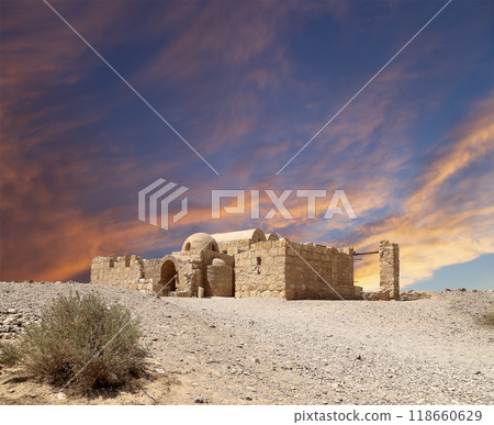 Quseir (Qasr) Amra desert castle (against the sky with clouds) near Amman, Jordan. World heritage with famous fresco's. Built in 8th century, of early Islamic art and architecture Quseir (Qasr) Amra desert castle (against the sky with clouds) near Amman, Jordan. World heritage with famous fresco's. Built in 8th century, of early Islamic art and architecture 118660629