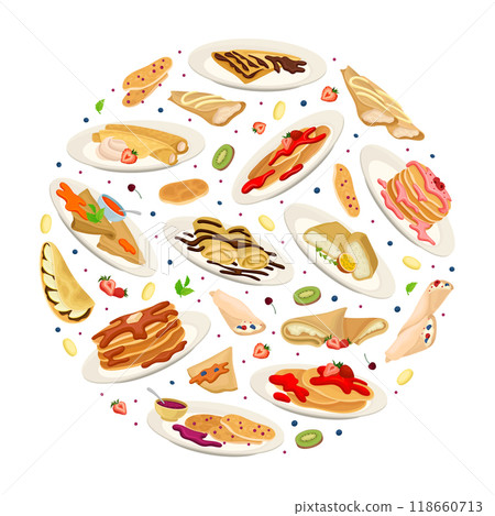 Sweet Pancake Breakfast Food Round Composition Design Vector Template 118660713