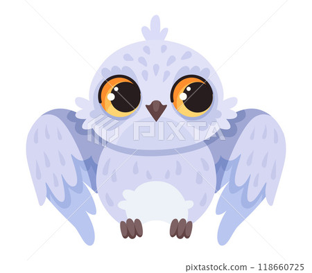 Funny Owl Flying Creature with Large Eyes and Wings Sitting Vector Illustration Funny Owl Flying Creature with Large Eyes and Wings Sitting Vector Illustration 118660725
