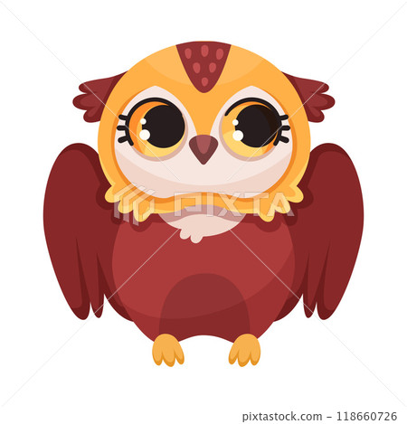 Funny Owl Flying Creature with Large Eyes and Wings Sitting Vector Illustration Funny Owl Flying Creature with Large Eyes and Wings Sitting Vector Illustration 118660726