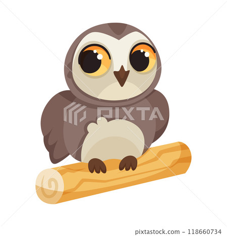 Funny Owl Flying Creature with Large Eyes and Wings Perching on Wooden Stick Vector Illustration 118660734