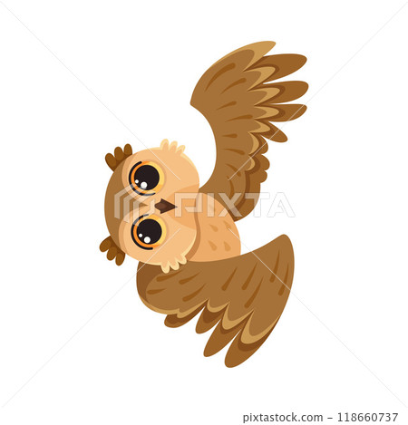Funny Owl Flying Creature with Large Eyes and Wings Vector Illustration Funny Owl Flying Creature with Large Eyes and Wings Vector Illustration 118660737