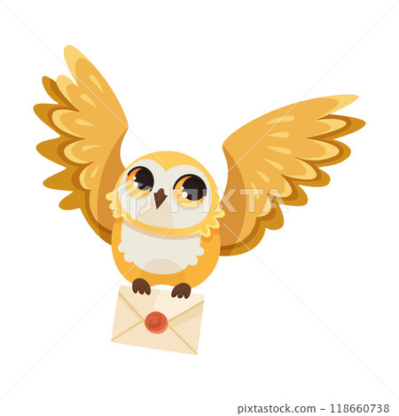 Funny Owl Flying Creature with Large Eyes and Wings Carry Letter Envelope Vector Illustration Funny Owl Flying Creature with Large Eyes and Wings Carry Letter Envelope Vector Illustration 118660738