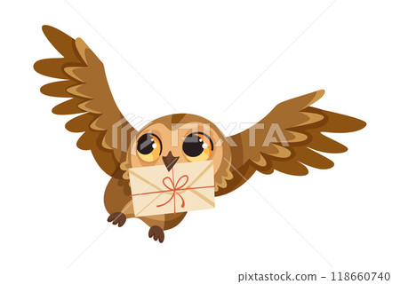 Funny Owl Flying Creature with Large Eyes and Wings Carry Letter Envelope Vector Illustration Funny Owl Flying Creature with Large Eyes and Wings Carry Letter Envelope Vector Illustration 118660740