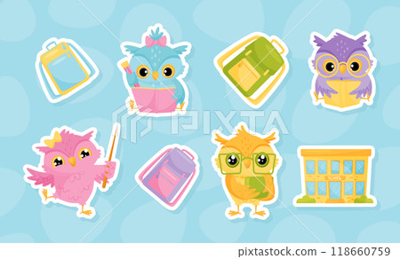 Owl Character and School Item and Supply Vector Set 118660759