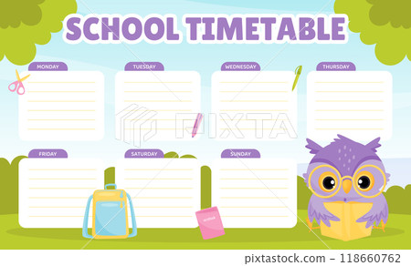 School Owl Character Timetable for Note Vector Template School Owl Character Timetable for Note Vector Template 118660762