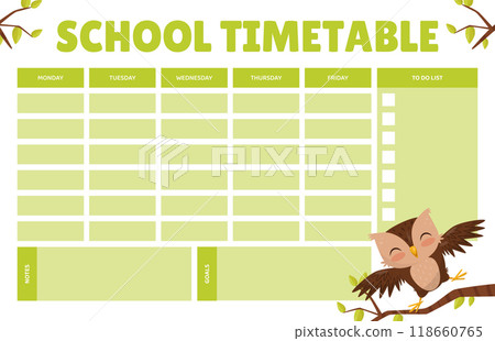 Empty School Timetable with Funny Brown Owl Character with Feather Vector Template Empty School Timetable with Funny Brown Owl Character with Feather Vector Template 118660765