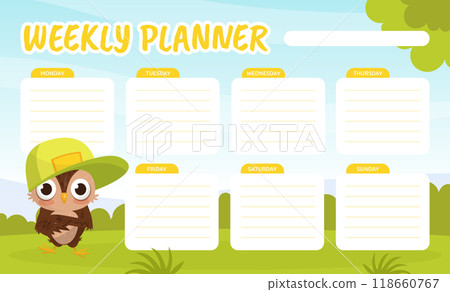 Empty Week Planner with Funny Brown Owl Character with Feather Vector Template Empty Week Planner with Funny Brown Owl Character with Feather Vector Template 118660767