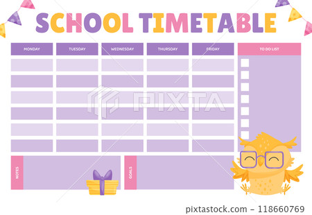 Funny Owl Empty School Timetable with Space Vector Template Funny Owl Empty School Timetable with Space Vector Template 118660769