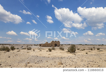 Quseir (Qasr) Amra desert castle (against the sky with clouds) near Amman, Jordan. World heritage with famous fresco's. Built in 8th century, of early Islamic art and architecture Quseir (Qasr) Amra desert castle (against the sky with clouds) near Amman, Jordan. World heritage with famous fresco's. Built in 8th century, of early Islamic art and architecture 118660818