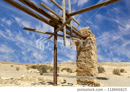 Quseir (Qasr) Amra desert castle (against the sky with clouds) near Amman, Jordan. World heritage with famous fresco's. Built in 8th century,  of early Islamic art and architecture 118660825