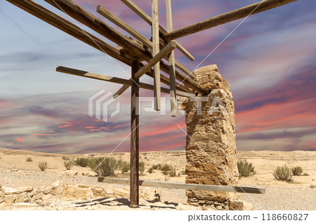 Quseir (Qasr) Amra desert castle (against the sky with clouds) near Amman, Jordan. World heritage with famous fresco's. Built in 8th century,  of early Islamic art and architecture 118660827