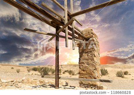 Quseir (Qasr) Amra desert castle (against the sky with clouds) near Amman, Jordan. World heritage with famous fresco's. Built in 8th century,  of early Islamic art and architecture 118660828