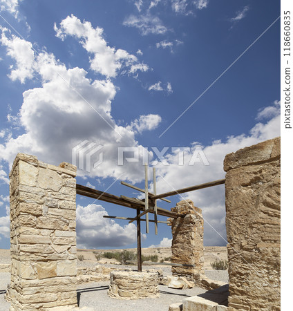 Quseir (Qasr) Amra desert castle (against the sky with clouds) near Amman, Jordan. World heritage with famous fresco's. Built in 8th century, of early Islamic art and architecture Quseir (Qasr) Amra desert castle (against the sky with clouds) near Amman, Jordan. World heritage with famous fresco's. Built in 8th century, of early Islamic art and architecture 118660835