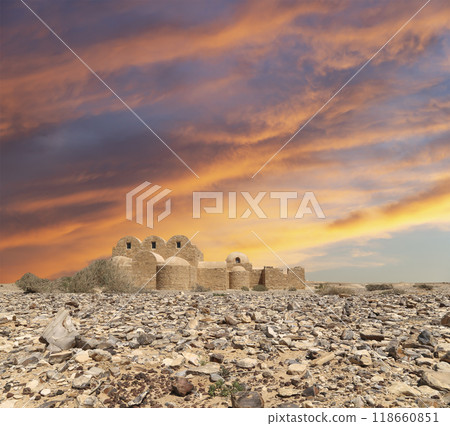 Quseir (Qasr) Amra desert castle (against the sky with clouds) near Amman, Jordan. World heritage with famous fresco's. Built in 8th century,  of early Islamic art and architecture 118660851