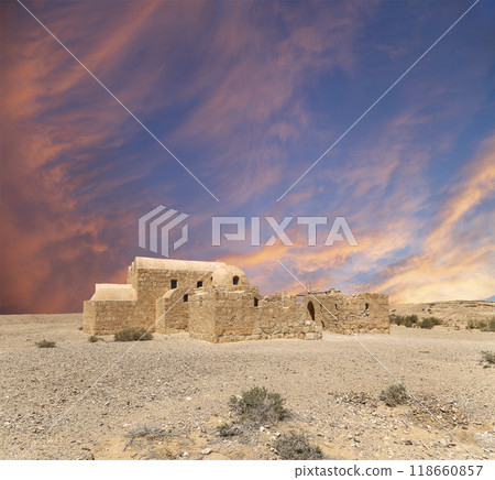 Quseir (Qasr) Amra desert castle (against the sky with clouds) near Amman, Jordan. World heritage with famous fresco's. Built in 8th century, of early Islamic art and architecture Quseir (Qasr) Amra desert castle (against the sky with clouds) near Amman, Jordan. World heritage with famous fresco's. Built in 8th century, of early Islamic art and architecture 118660857
