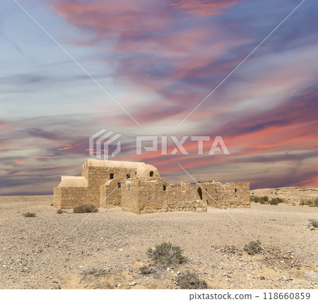 Quseir (Qasr) Amra desert castle (against the sky with clouds) near Amman, Jordan. World heritage with famous fresco's. Built in 8th century, of early Islamic art and architecture Quseir (Qasr) Amra desert castle (against the sky with clouds) near Amman, Jordan. World heritage with famous fresco's. Built in 8th century, of early Islamic art and architecture 118660859