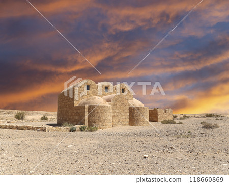 Quseir (Qasr) Amra desert castle (against the sky with clouds) near Amman, Jordan. World heritage with famous fresco's. Built in 8th century,  of early Islamic art and architecture 118660869