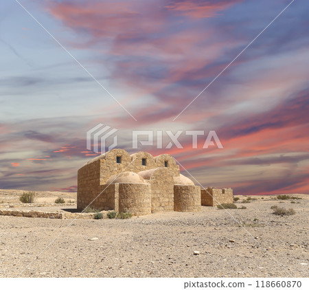 Quseir (Qasr) Amra desert castle (against the sky with clouds) near Amman, Jordan. World heritage with famous fresco's. Built in 8th century,  of early Islamic art and architecture 118660870