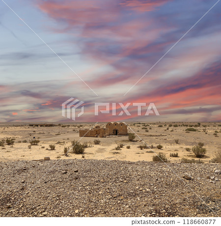 Quseir (Qasr) Amra desert castle (against the sky with clouds) near Amman, Jordan. World heritage with famous fresco's. Built in 8th century,  of early Islamic art and architecture 118660877