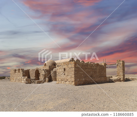 Quseir (Qasr) Amra desert castle (against the sky with clouds) near Amman, Jordan. World heritage with famous fresco's. Built in 8th century, of early Islamic art and architecture Quseir (Qasr) Amra desert castle (against the sky with clouds) near Amman, Jordan. World heritage with famous fresco's. Built in 8th century, of early Islamic art and architecture 118660885