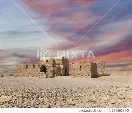 Quseir (Qasr) Amra desert castle (against the sky with clouds) near Amman, Jordan. World heritage with famous fresco's. Built in 8th century,  of early Islamic art and architecture 118660890