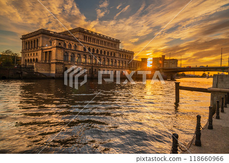 Building of Koenigsberg stock exchange on Pregola river at sunset. Kaliningrad. Russia 118660966