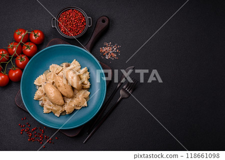 Fish or meat quenelles with delicate mushroom sauce, salt and spices Fish or meat quenelles with delicate mushroom sauce, salt and spices 118661098