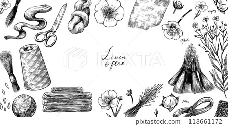 Hand drawn Linen seed and Flax flower. Vector clipart illustration. Line and Ink sketch. Poster 118661172