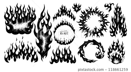 Set of silhouette flame and fire in vintage style. Hand drawn bonfire sketch. Vector clipart 118661259